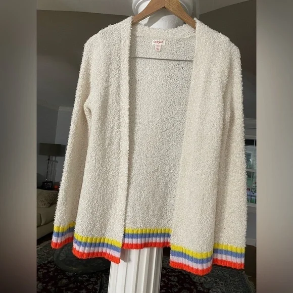 Cat & Jack Girls Rainbow striped Fuzzy white open Cardigan size L(10-12) - Picture 1 of 5